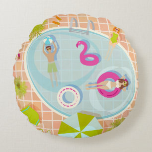 Bikini-Girls und Typ spielen Schwimmbadspiel Rundes Kissen