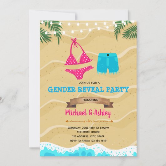 Bikini oder Vorstand verkürzen Gender Reveal Party Einladung (Vorderseite)