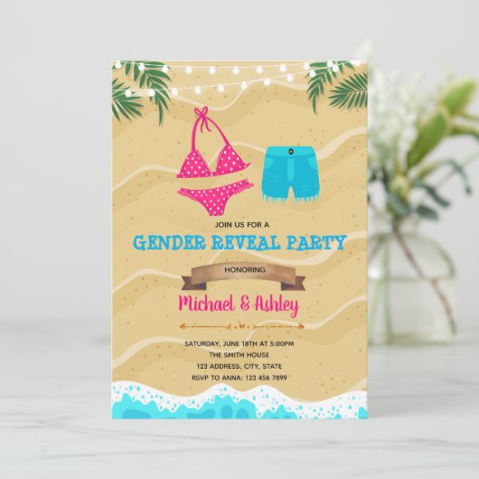 Bikini oder Vorstand verkürzen Gender Reveal Party Einladung (Stehend Vorderseite)