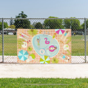 Bikinimädchen und Jungs spielen ein Schwimmbadspie Banner
