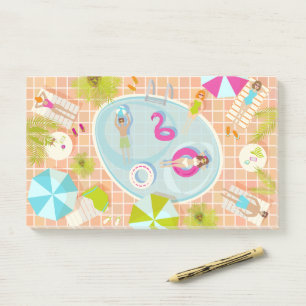 Bikinimädchen und Jungs spielen ein Schwimmbadspie Post-it Klebezettel