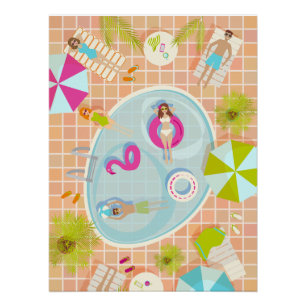 Bikinimädchen und Jungs spielen ein Schwimmbadspie Poster