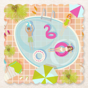 Bikinimädchen und Jungs spielen ein Schwimmbadspie Untersetzer