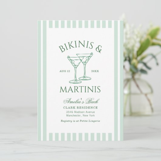 Bikinis & Martinis Green Bachelorette Einladung (Stehend Vorderseite)