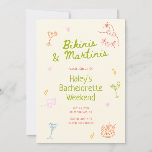 Bikinis & Martinis Hand Drawn Bachelorette Einladung (Vorderseite)
