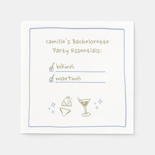 Bikinis & Martinis Handgeschriebener Junggeselinne Serviette (Vorderseite)