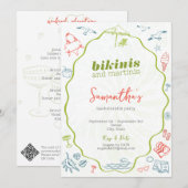 Bikinis & Martinis Handgezeichnete Strand-Junggese Einladung (Vorne/Hinten)