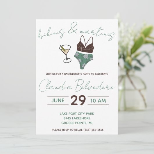 Bikinis und Martinis Themed Junggeselinnen-Abschie Einladung (Stehend Vorderseite)