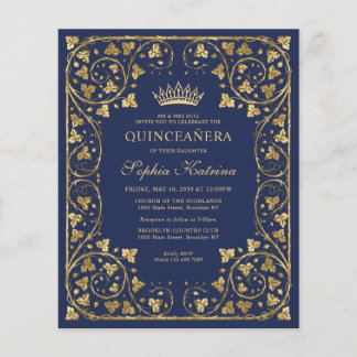 Bilap Blue Floral Gold Tiara Quinceanera Flyer