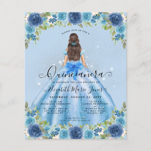 Bilap Floral Dusty Blue Gray Prinzessin Quinceaner Flyer (Vorne)