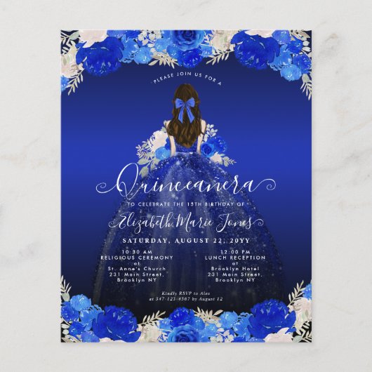 Bilap Floral Royal Blue Dress Quinceanera Einladun Flyer (Vorne)
