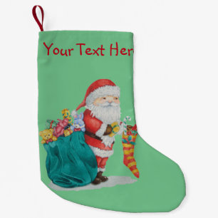 Bild des niedlichen Santa mit Pressen in seinem Sa Kleiner Weihnachtsstrumpf