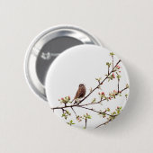 Bild des Spatzen singend in blühendem Baum Button (Vorne & Hinten)