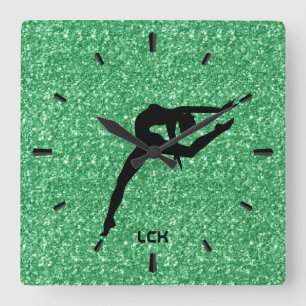Bild einer grünen Glitzer-Tänzerin in schwarzer Si Quadratische Wanduhr