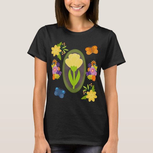 Bild von Gelbtulpen mit Blume und Schmetterlingen T-Shirt (Vorderseite)