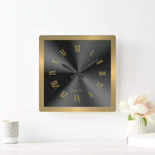 Bild von Schwarz & Gold & Metallischem Edelstahl Quadratische Wanduhr