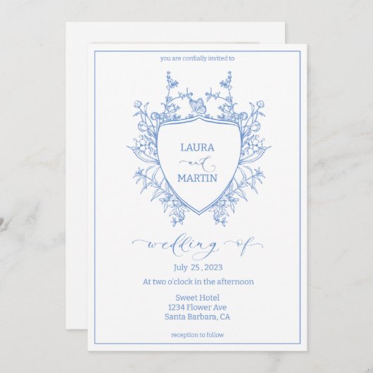 Bilderrahmen für blaue Wappen, Kalligrafieschrift Einladung (Vorne/Hinten)