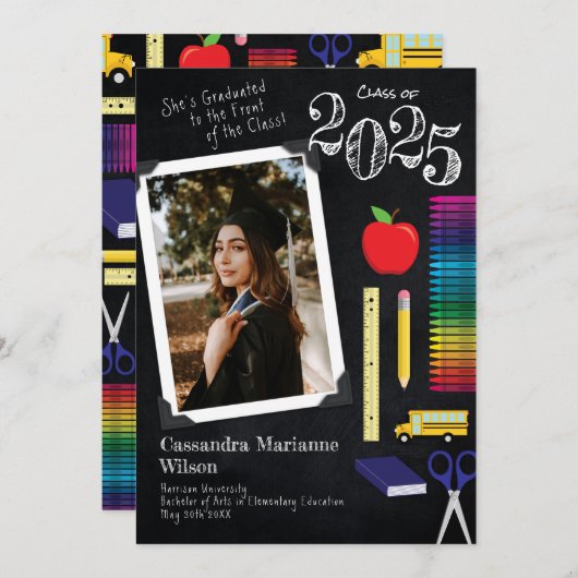 Bildung Chalkboard Abschluss Portrait Einladung (Vorne/Hinten)