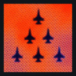 Bildung von F16s in Orange. Pop Art Poster<br><div class="desc">Formation von F16s in Orange Pop Art. Inspiriert von einigen Andy's Werken wie "Car Crash in Orange" Design hat große Halb-Töne Punkt Effekt, um dem Design einen Pop Art Silkscreen gedruckten Effekt zu geben. Die Farbtöne Orange und Flugzeug sind dunkelblau, aber auch Zaubersteine, Gelb und Schwarz sind im Design gehalten....</div>