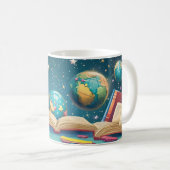 Bildungskonzept mit Globus, der über Kaffeetasse (VorderseiteRechts)