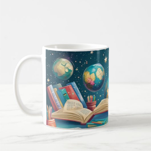 Bildungskonzept mit Globus, der über Kaffeetasse (Links)