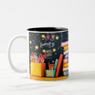 Bildungswanddeko zum Thema Schulanfang mit Stapel Zweifarbige Tasse
