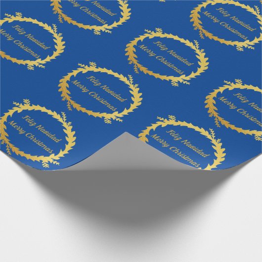 Bilingual Blue Golden Feliz Navidad Geschenkpapier (Ecke)