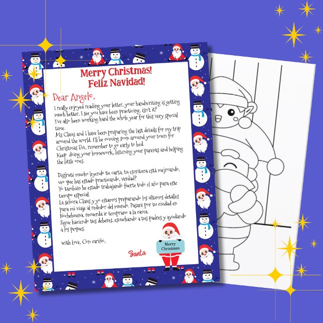 Bilingual Blue Santa Letter für Kinder Spanisch (Blue bilingual letter from Santa Christmas, personalized name & Spanish text. Multilingual Project)