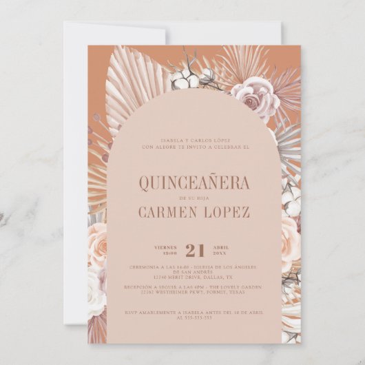 Bilingual Boho Moderne Terracotta Quinceanera Einladung (Rückseite)