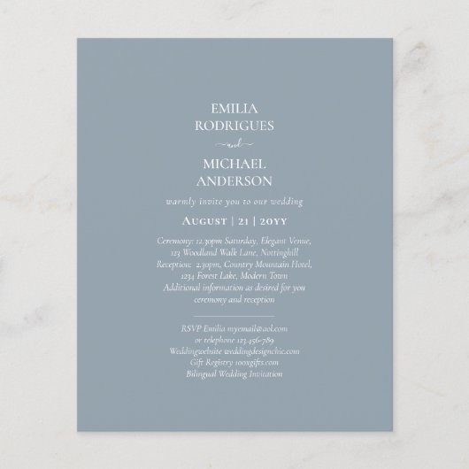 Bilingual Budget Dusty Blue Monochrome Wedding Flyer (Vorne)