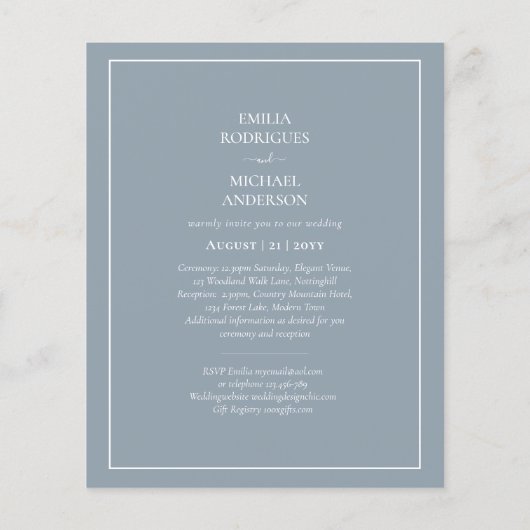 Bilingual Budget Dusty Blue Monochrome Wedding Flyer (Hinten)