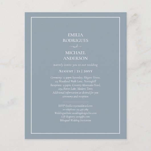 BILINGUAL Budget Dusty Blue Monochrome Wedding Flyer (Vorne)