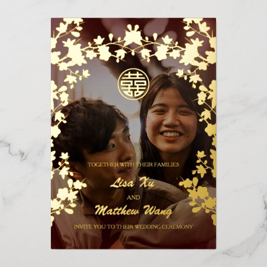 BILINGUAL Chinese Wedding Foto Gold Foil Folieneinladung (Vorderseite)