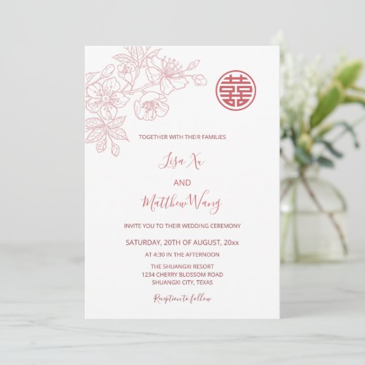 BILINGUAL | Chinesische Hochzeit mit Blumenrot Einladung (Stehend Vorderseite)