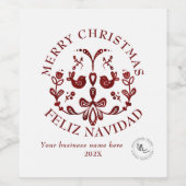 Bilingual Christmas Spanish Burgundy Birds Weinetikett (Einzelnes Label)