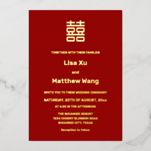 BILINGUAL Einfache Rot Gold Chinesische Hochzeit Folieneinladung