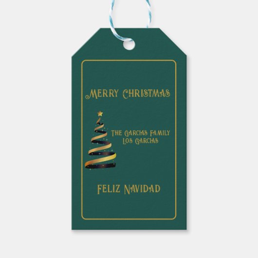 Bilingual Feliz Navidad Christmas Green Golden Geschenkanhänger (Vorderseite)