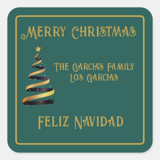 Bilingual Feliz Navidad Christmas Green Golden Quadratischer Aufkleber (Vorderseite)