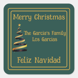Bilingual Feliz Navidad Christmas Green Golden Quadratischer Aufkleber