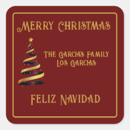 Bilingual Feliz Navidad Christmas Red und Golden Quadratischer Aufkleber