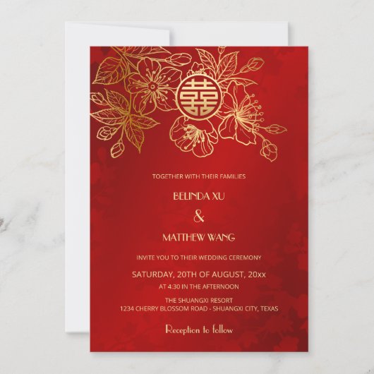BILINGUAL Foto Red Gold Chinesisch Hochzeit Einladung (Vorderseite)