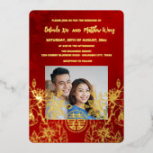 BILINGUAL Foto Red Gold Chinesisch Hochzeit Folieneinladung (Vorderseite)