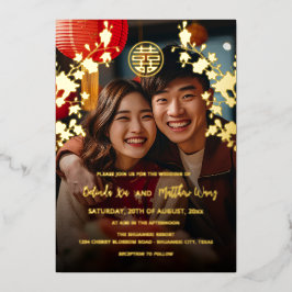 BILINGUAL Foto Red Gold Chinesisch Hochzeit Folieneinladung