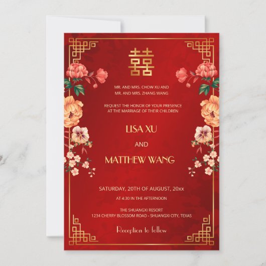 BILINGUAL Gold Frame Red Chinese Wedding Einladung (Vorderseite)