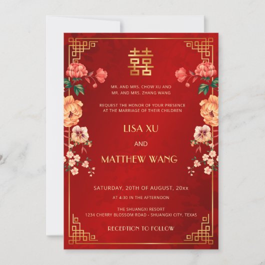 BILINGUAL Gold Frame Red Chinese Wedding Einladung (Vorderseite)