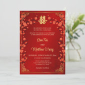 BILINGUAL Gold Frame Red Chinese Wedding Einladung (Stehend Vorderseite)