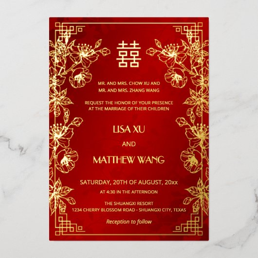 BILINGUAL Gold Frame Red Chinese Wedding Folieneinladung (Vorderseite)