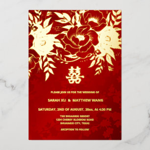BILINGUAL Gold Rose Chinesische Hochzeit Folieneinladung