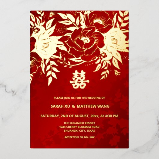 BILINGUAL Gold Rose Chinesische Hochzeit Folieneinladung (Vorderseite)