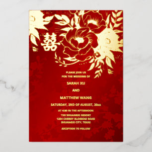 BILINGUAL Goldene Rosen Chinesische Hochzeit Folieneinladung